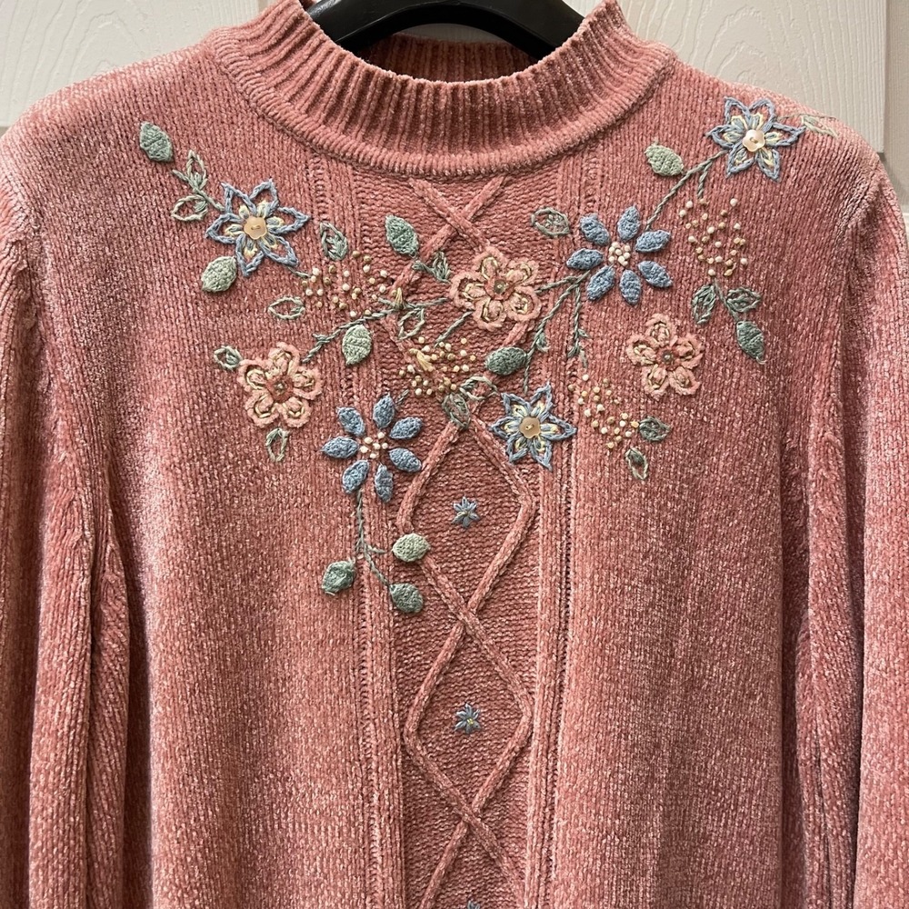 Alfred Dunner Women's XLarge Beaded Embroidered Floral Chenille Mock Sweater - Picture 3 of 14